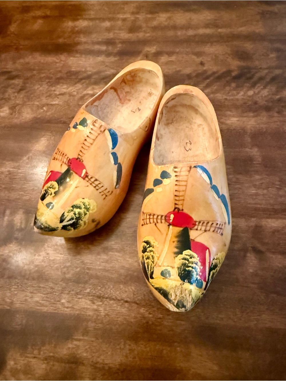 Vintage Wooden Clogs from Holland in Natural Yellow with Red & Blue Accents